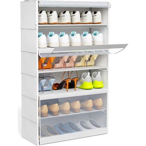 Armoire à chaussures 6 couches Blanc 105 x 64 x 30 cm – Tubes en Métal + Plastique – Avec porte en PVC translucide – Capacité 18 paires (1/5)