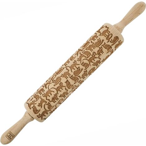 Rouleau à pâtisserie en bois MoodForWood, gravé, 43 cm, avec poignées, idéal pour la pâtisserie - motif chat amusant (1/5)