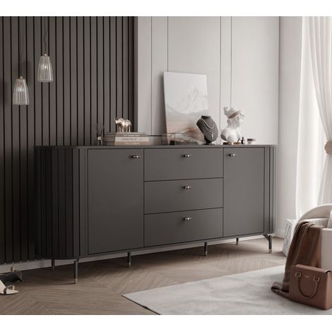 Commode Salon avec Vitrine et LED SENTO - Commode Chambre - 150x40x81 cm - 3 portes - Cachemire (1/5)
