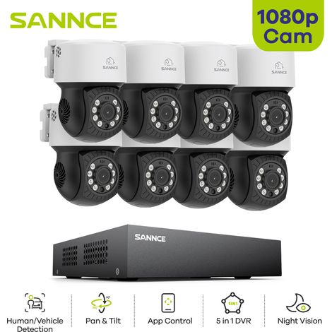 SANNCE Sistema di telecamere di sicurezza PT a 8 canali 1080P DVR visione notturna rilevamento del movimento, esterno, impermeabile,8PCS 0TB (1/5)