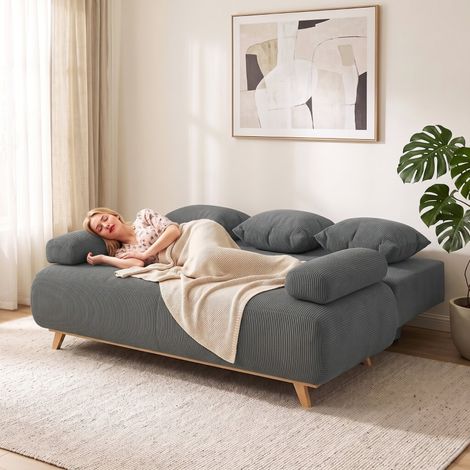 Schlafsofa mit verstellbarer Rückenlehne, Bettfunktion, verstecktem Stauraum und Cordbezug, Grau (1/5)