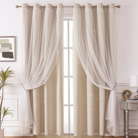 Cortinas opacas de encaje de doble capa, aptas para dormitorios, salas de estar y salones (juego de 2 piezas, 132x183 cm, color beige). (1/5)