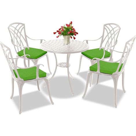 Centurion Supports OSHOWA Luxurious Garden & Patio Table & 4 Large Chairs with Armrests Cast Aluminium Bistro Set - White with Green Cushions (1/5)