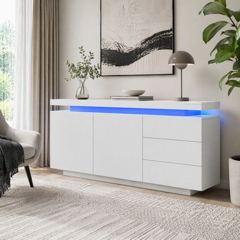Credenza LED bianco lucido 140 x 35 x 72,5 cm, 2 ante, 3 cassetti HAVRYA (1/5)