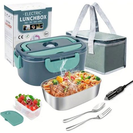 Lunch Box Chauffante Électrique 4 en 1 12V/24V/110V220V, 1.5L 40W Acier Inox Chauffage Rapide Gamelle, Boîte Repas Amovible, pour Bureau, École, Voyage, Voiture, Avec Sac Isotherme