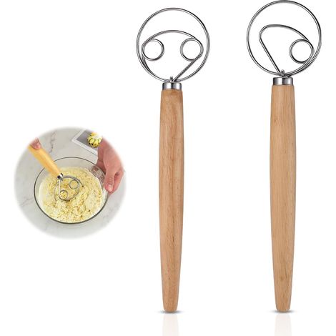 Fouet Cuisine, 2 Pièces Fouet à Pâte Danois en Acier Inoxydable avec Poignée en Bois Mélangeur de Pâte de Cuisine Outils de Cuisson et Fournitures pour Pâte à Pain Pâtisserie ou Pâte à Pizza (1/5)