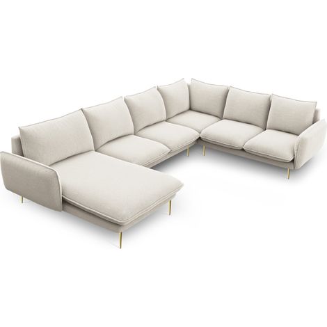 Canapé d'angle panoramique 7 places tissu structurel beige clair (1/5)