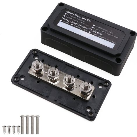 12V Busbar 300A Bus Bar et de jonction de barre de bus robuste 4 goujons terminaux M8, 48V CC 300 Amp Bloc de Distribution D'alimentation pour voiture/RV/Bateau/Marine/Système solaire, Noir