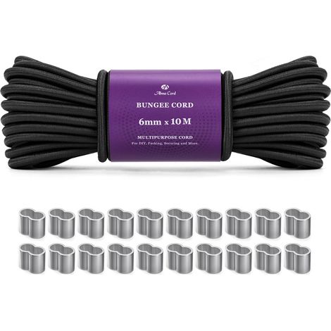 Corde Élastique 6mm 10M Tendeur Sandow Elastique avec 20Pcs Manchons Aluminium pour Bâche, Camping Tente, Remorque - Noir (1/5)