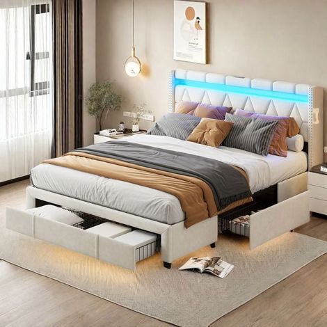 Bett 160x200 cm mit 4 Schubladen und USB Typ C - Doppelbettgestell 160x200 cm mit LED-Lichtern + Lattenrost - Stoff aus Leinen - Beige