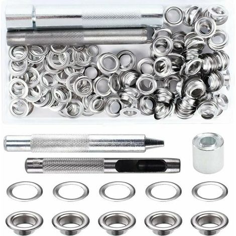 100 œillets pour bâche, perforatrice et mandrin inclus, diamètre intérieur 8 mm, hauteur 4 mm, pour toiles, tentes et auvents