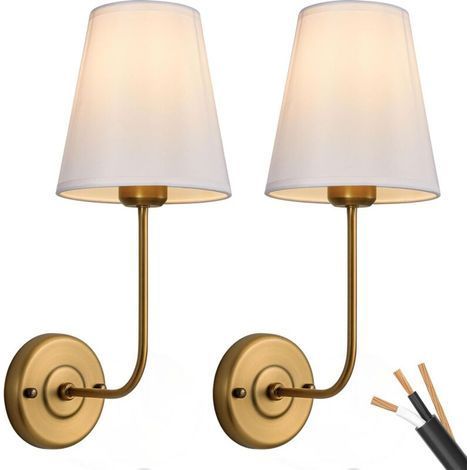 Lot de 2 appliques murales vintage en laiton antique – Abat-jour en tissu blanc – Installation câblée recommandée – Compatible ampoules LED (1/5)
