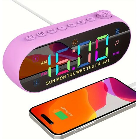 RGB-Digitalradiowecker mit verspiegelter Oberfläche, einstellbarer Helligkeit und Lautstärke, Dual-Alarm (Wochentags-/Wochenendmodus), Schlummerfunktion, Timer, FM-Radio, USB-Anschluss, für Schlafzimm (1/5)