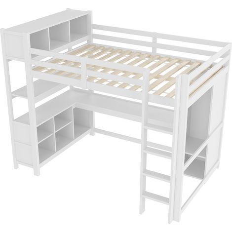 Lit mezzanine 140x200 cm avec étagères, plusieurs compartiments de rangement, bureau, armoire, sans matelas, blanc (1/5)