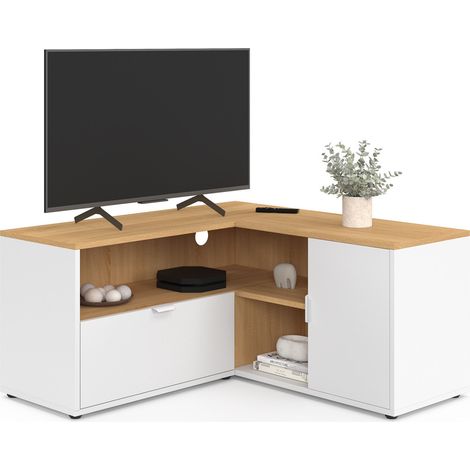 Mobile TV angolare BALTAZAR 90 x 90 cm in faggio e bianco