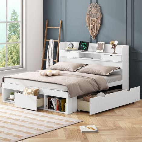 Cama doble 160x200cm, puerto USB + cajón, cabecero con almacenaje sin colchón, pino, color blanco (1/5)