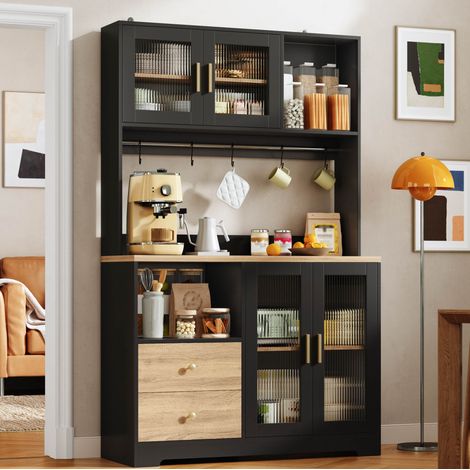 Mueble alto de cocina 178 cm con LED, enchufe y puertas de vidrio templado negro madera (1/5)