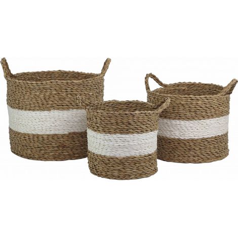 Lot 3 panières blanc et marron fibre naturelle avec anses - CORDOU