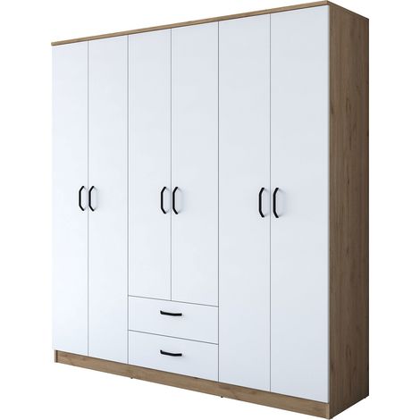 Armario Grande Ton, guardarropa dormitorio 5 estantes, 2 cajones, barra colgador, 180x191h cm blanco