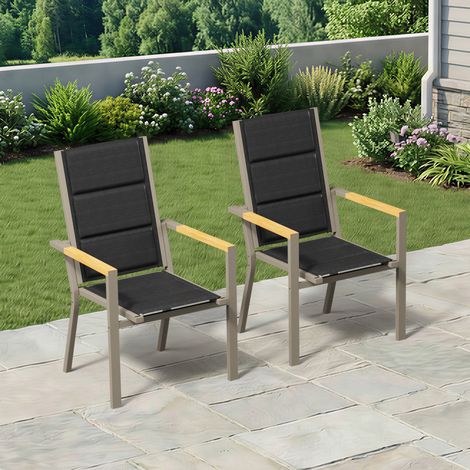 lot de 2 Chaise de Jardin Empilable, Fauteuil en Aluminium avec Accoudoirs Imitation Bois, Tissu Textilène et éponge à Séchage Rapide, Dossier Surélevé, Respirante et Confortable, Marron (1/5)
