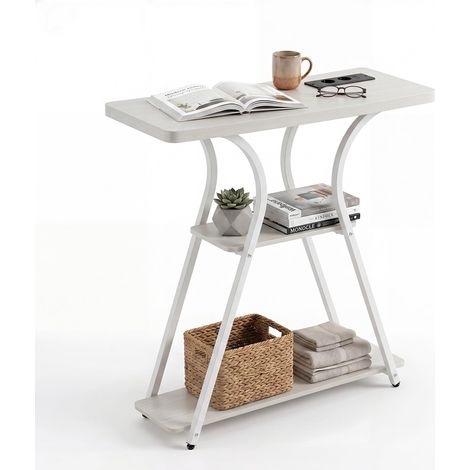 COSTWAY Console Meuble avec Multiprise, Console Entree avec Éclairage LED, 3 Étagères, Cadre Métallique, Pieds Réglables, 70,5 x 30,5 x 81,5 CM, pour Salon, Chambre, Canapé (Blanc)