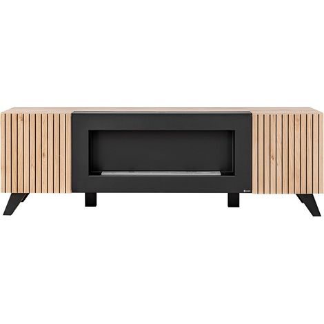 Mueble para TV de diseño con chimenea decorativa en colores roble y negro, colección NIELSEN.