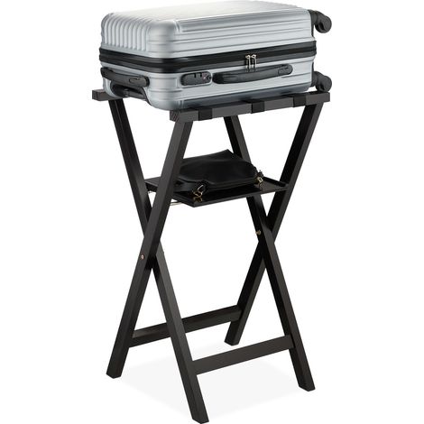 Relaxdays Luggage Stand, Foldable, Pine Wood, HxWxD: 81 x 46 x 43 cm, Suitcase Rack with Shelf, Hotels & At-home, Black