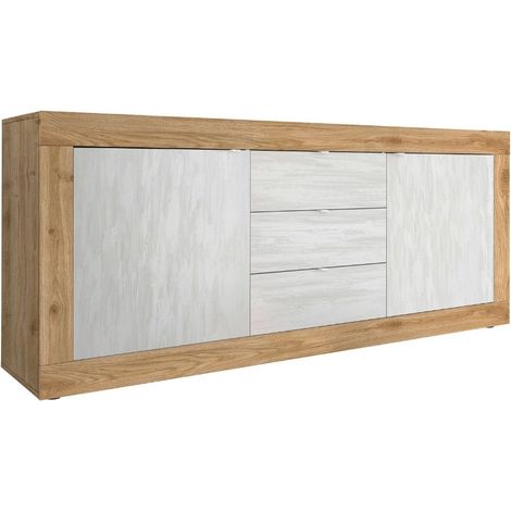 Buffet 2 portes 3 tiroirs aspect bois finition Cadiz façades blanc texturées - OTELLO (1/5)