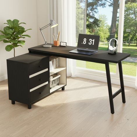 Scrivania angolare 150 x 100 x 76 cm con 3 cassetti, 2 vani, nero e bianco DESVIAE (1/5)