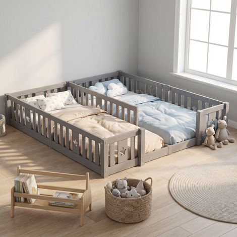Lit enfant 90x200(x2), Lit au sol avec barrière, Bois de pin massif, Motif étoiles, sommier non inclus, Style Montessori, Gris