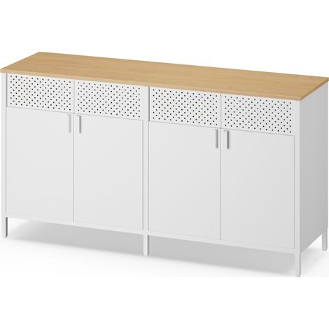Buffet de Rangement en Acier, Armoire à Double Porte pour Salon, Fermeture Magnétique, Métal, Blanc et Chêne (1/5)
