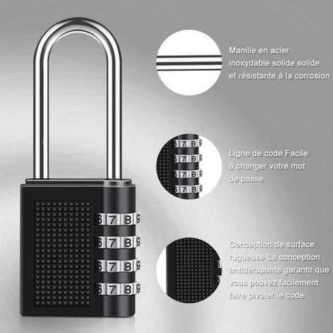 -Cadenas à Combinaison Manille Longue [2 Pièces], 4 Chiffres Serrure Combinée, pour Casier de Gym à L'école, Remise, Clôture (Noir) (1/4)