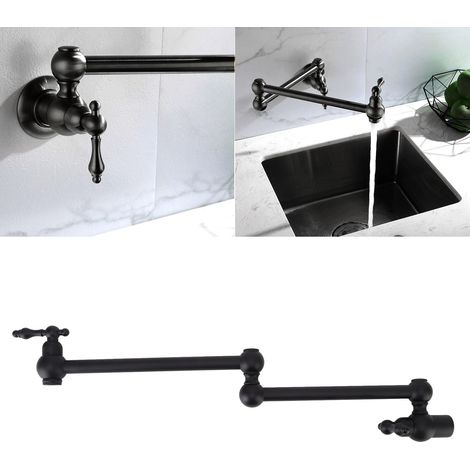 Grifo de cocina mural G1/2 en negro mate con brazo giratorio de 360°, color cobre frío macizo, con 14 accesorios, duradero y fácil de limpiar.