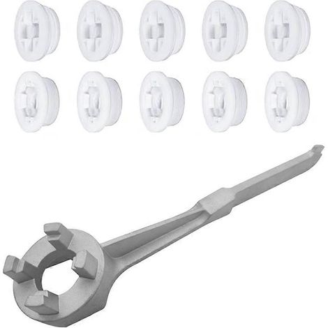 Im Lieferumfang enthalten sind: 10 Gewindestopfen, ein Fassstopfenschlüssel (kompatibel mit 15-, 30- und 55-Gallonen-Fässern). (1/5)
