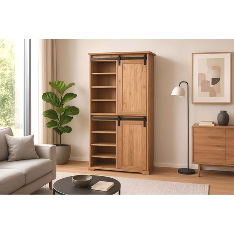 Highboard 80 x 45 x 175 cm Akazienholz massiv naturfarben ohne Baumkante LIAN 3 (1/5)