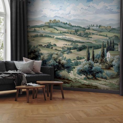 Fototapete – Landschaft mit grünen Feldern und Bäumen, sonniger toskanischer Blick / Landschaft mit sonnigen grünen Feldern (1/4)