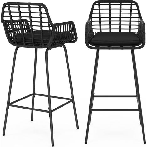 Idmarket – Lot de 2 tabourets de bar avec accoudoirs – Assise effet rotin noir – Pied en métal noir – Hauteur 107 cm – Style contemporain (1/5)