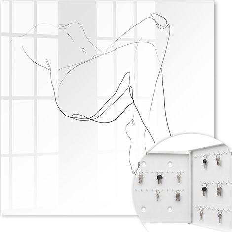 Armoire à clés - (30 cm x 30 cm) - Boîte à clés murale - Coffret de rangement pour clés - Couleur blanche - Ouverture vers la droite - Pour maison et bureau - Dessin au trait de femme (1/5)