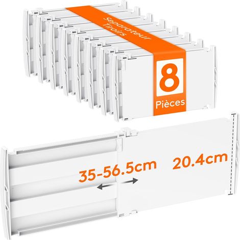 Séparateur de Tiroirs Réglable Extensible, Organisateur de Tiroirs pour Vêtements, Diviseur de Rangement Blanc pour Armoire, Cuisine et Bureau, Longueur 35-55 cm, Hauteur 20.5 cm, Lot de 8 (1/5)
