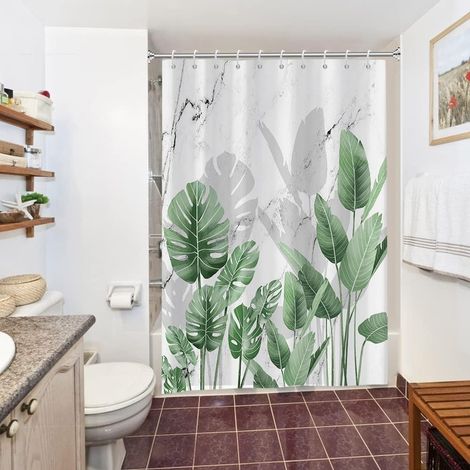 Rideau Douche Anti Moisissure, Rideau de Douche 150x180cm Effet Marbre Gris Tropical Feuilles de Palmier Vert Rideaux de Baignoire Tissu Lavable Imperméable Rideaux de Bain avec 10 Crochets - 150L X 1 (1/5)