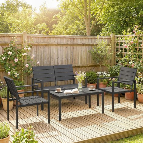 Salon de Jardin Extérieur 4 Pièces, Canapé 2 Places, 2 Chaises, Table Basse, Mobilier de Jardin en HDPE Effet Bois Noir (1/5)