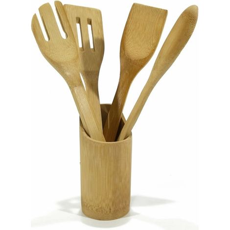 Trade Shop - Set De 4 Cucharas De Bambú Con Titular De Herramientas Prácticas Accesorios De Cocina H33cm -