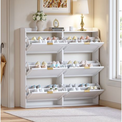 Scarpiera 6 ante ribaltabili, 120x23x118 cm, con vano portaoggetti, in MDF e truciolare, bianco (1/5)