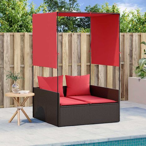 Doppelte Sonnenliege mit Dach und Vorhängen Braun Poly Rattan
