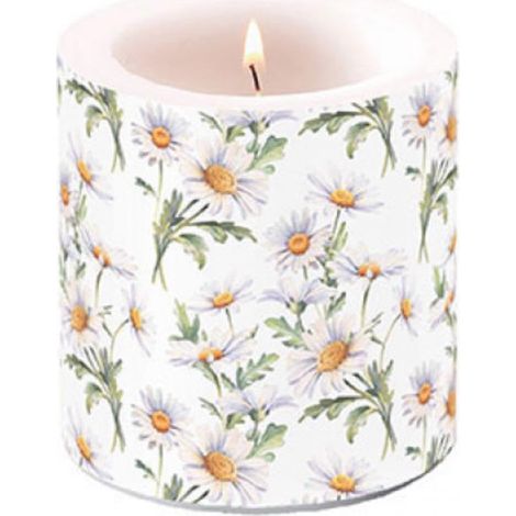 Bougie pilier en cire, 9 cm de haut, cire de paraffine, durée de combustion 35 h, décoration de table, marguerites, fleurs, jardin, sans odeur (1/2)