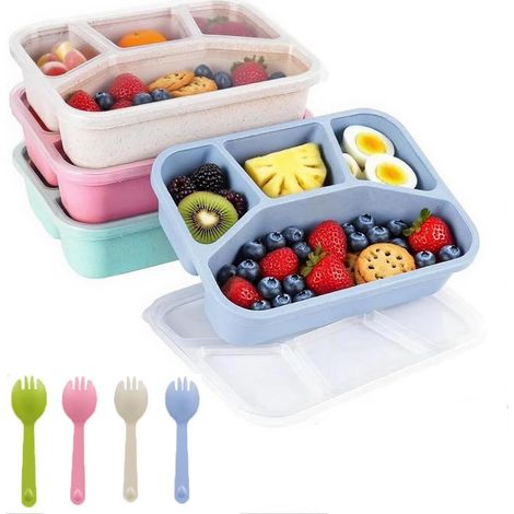 Lunchbox, 4 Snackboxen mit je 4 Fächern, Bento-Box mit Löffel, wiederverwendbare Aufbewahrungsbehälter mit transparenten Deckeln für Kinder und Erwachsene