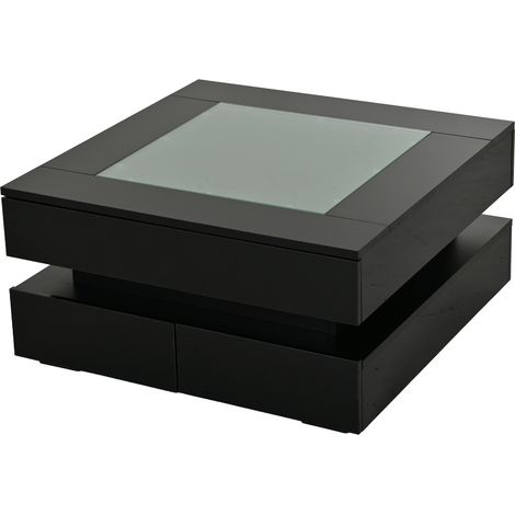 Mesa de centro negra 70 x 70 x 35 cm con tapa de cristal, LED y 3 cajones HOMVRA (1/5)