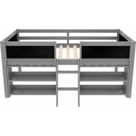 Lit mi-hauteur 90 x 200 cm en pin et MDF avec rangements, échelle et garde-corps, gris (1/5)