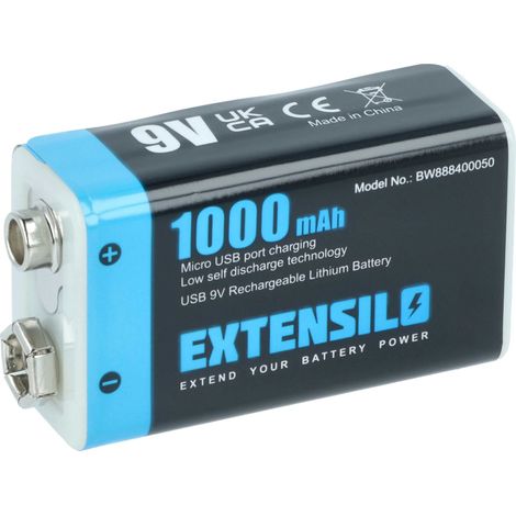EXTENSILO 9V-Akku Block kompatibel mit Daitem DC270, DC271, D21, DC272 (1 Ah, 9 V, Li-Polymer), ready-to-use, mit Micro USB Buchse (1/4)