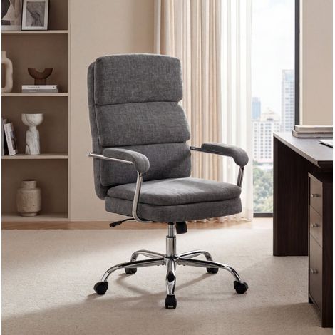 Silla de oficina gris de chenilla, regulable y giratoria 360°, OKWISH (1/5)